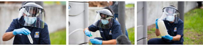 Three panel photo sequence of a man sampling wastewater. He’s wearing an Orange County Utilities polo shirt, a disposable mask, and a plastic face shield.