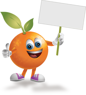 Image of a cartoon orange named Andy holding a sign